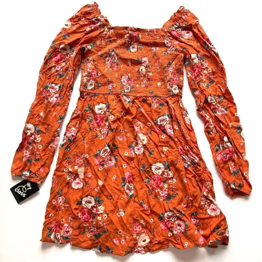 Art Class Girls Sweet Potato Orange Floral Dress Size XL (14/16)